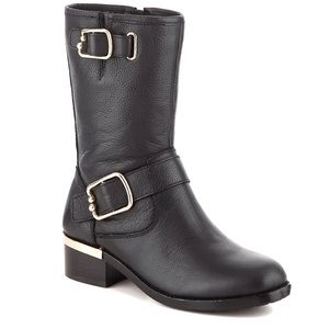 Vince Camuto Moto Booties Black Leather Biker Buckle Heeled Mid Calf Boot.  NWT